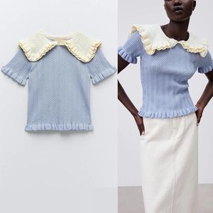 Zara Knitted Collared Blue Cream Preppy Top M